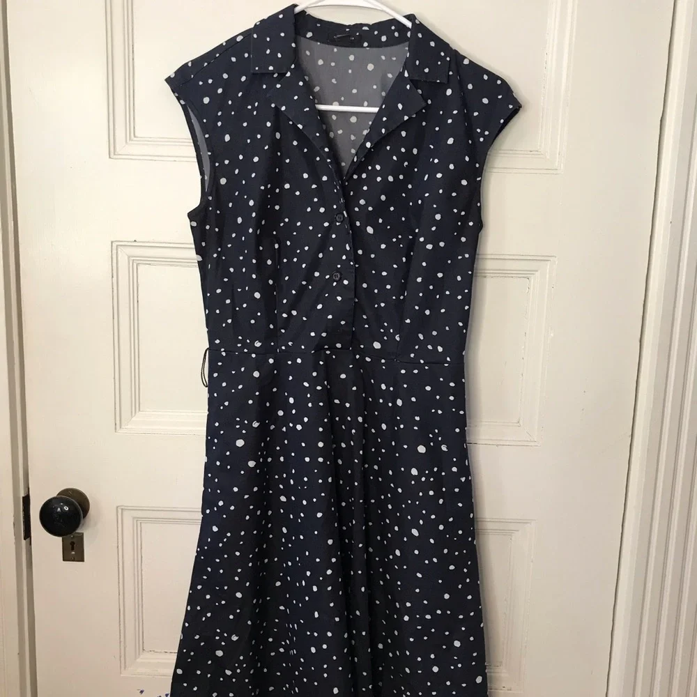 Ann Taylor Blue White Cotton Stretch Polka Dot Shirt Dress - Picture 1 of 4
